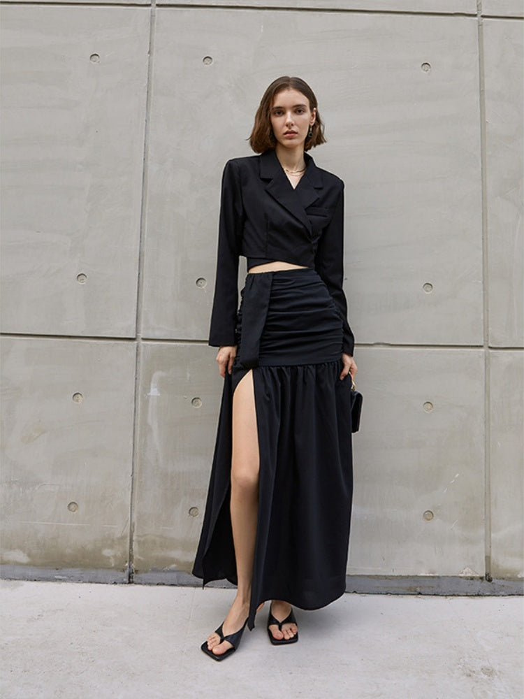 Black  High-Slit High-Waist  A-Line Skirt