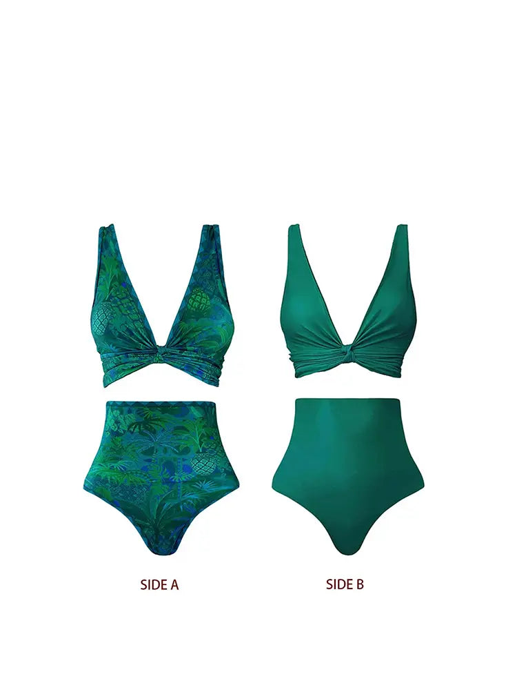 Reversible Green Print High-Waist Bikini Set