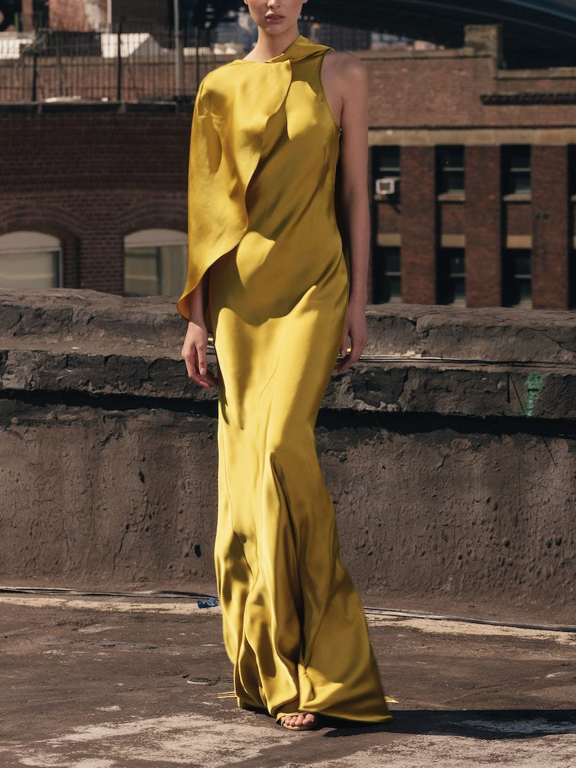 Olive Satin Cape Sleeve Cowl Back Maxi Dress