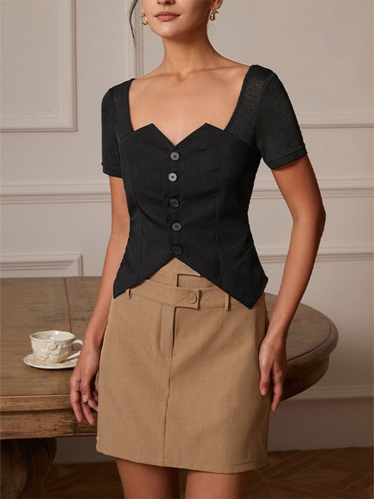 Tailored Button-Front Straight Mini Skirt