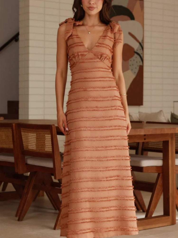 Summer French V-Neck Texture Maxi Dress
