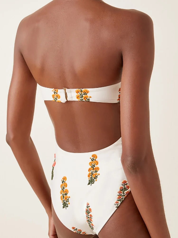 Strapless Floral Embellished One-Piece Swimsuit