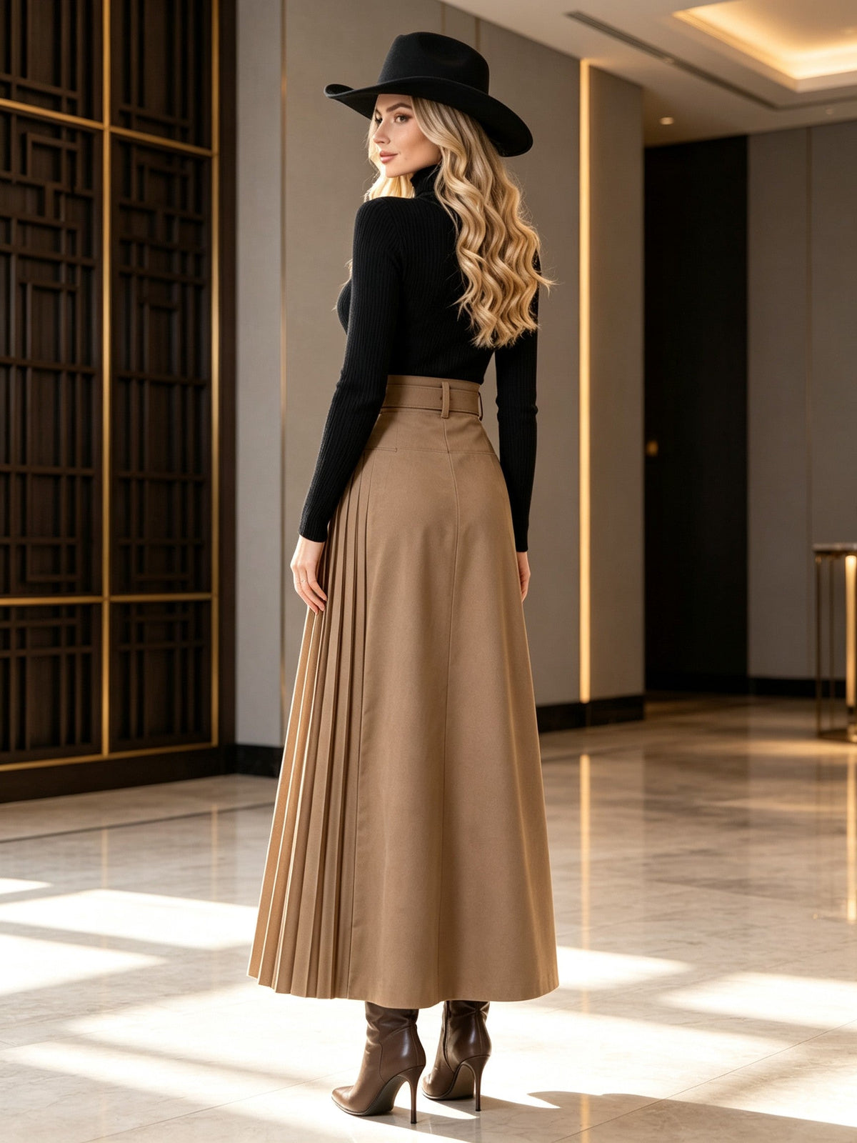 High Waist Wrap Front Pleated Maxi Skirt