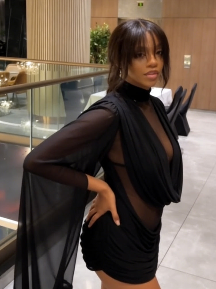 Black Sheer High-Neck Mini Dress with Cape Sleeves