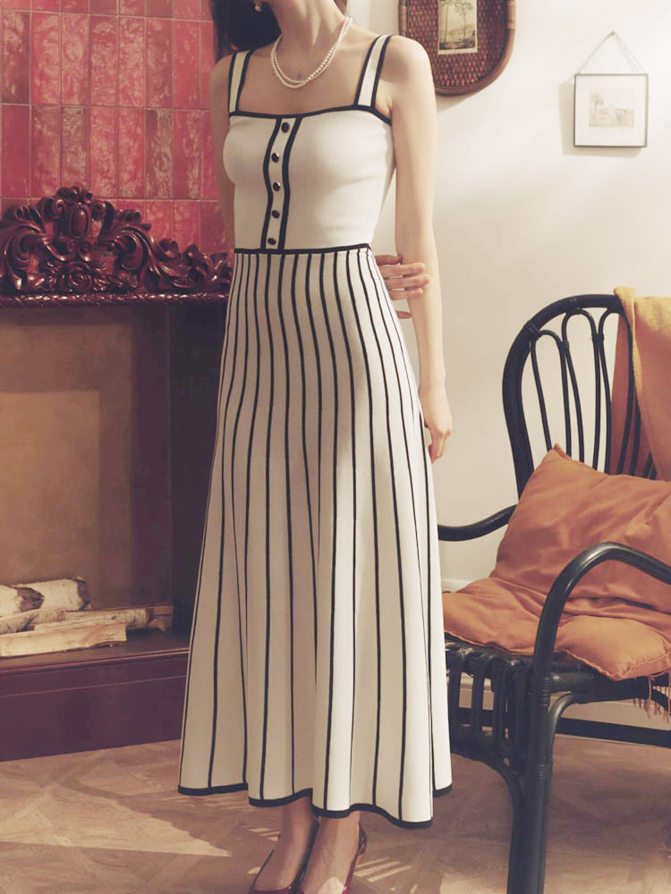 Striped Colorblock Knit Spaghetti Strap Midi Dress