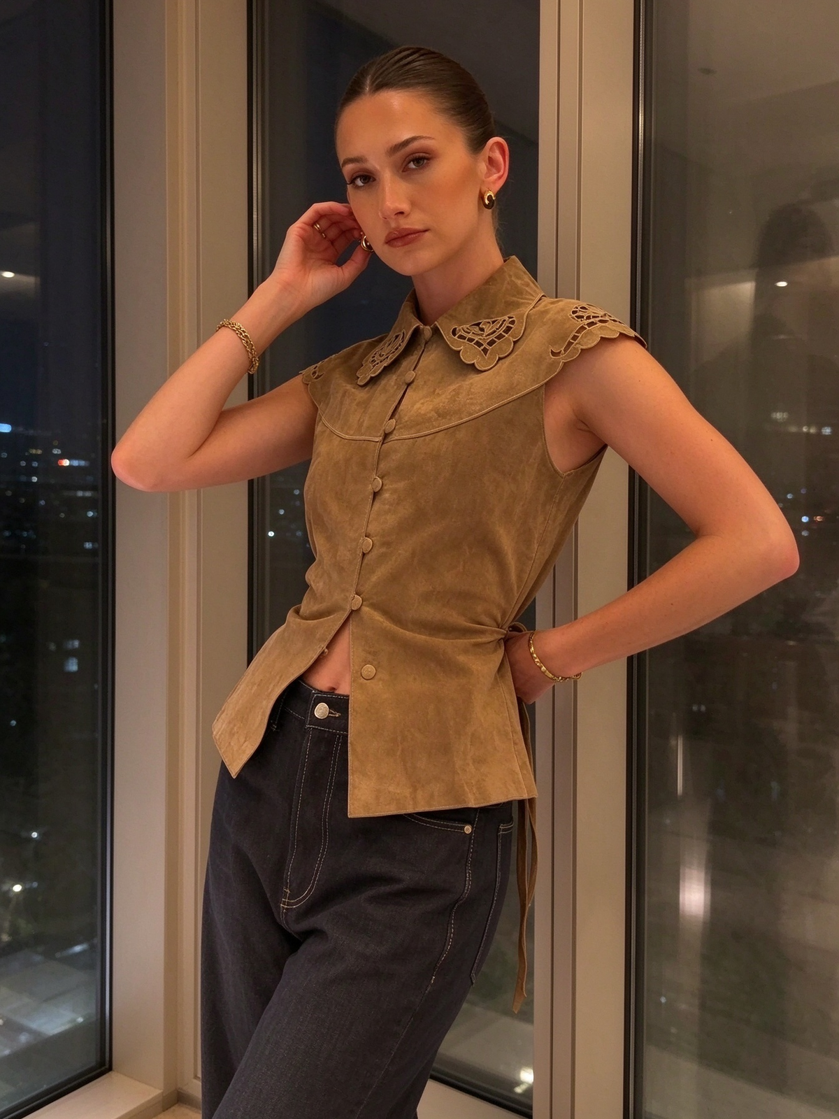 Vintage Cape Collar Suede Top