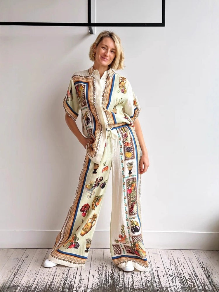 Linen Vacation Drawstring Long Pants Set