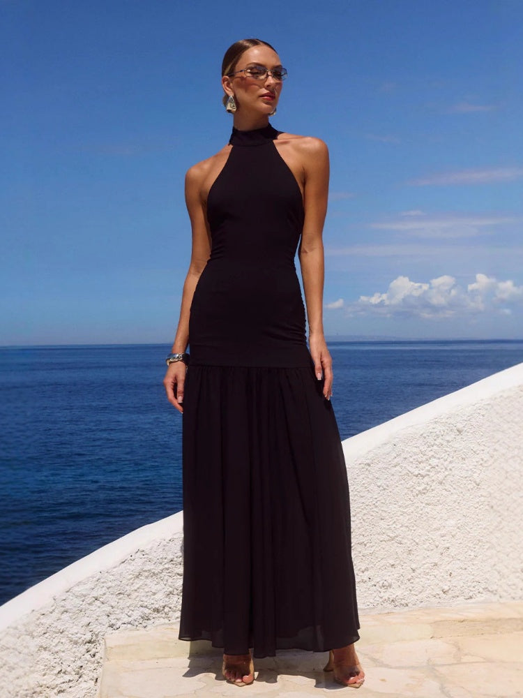 Tulle Hanging  Neck Panel Evening Gown