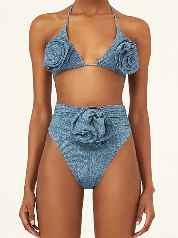 3D Floral Halter Sexy Bikini Set