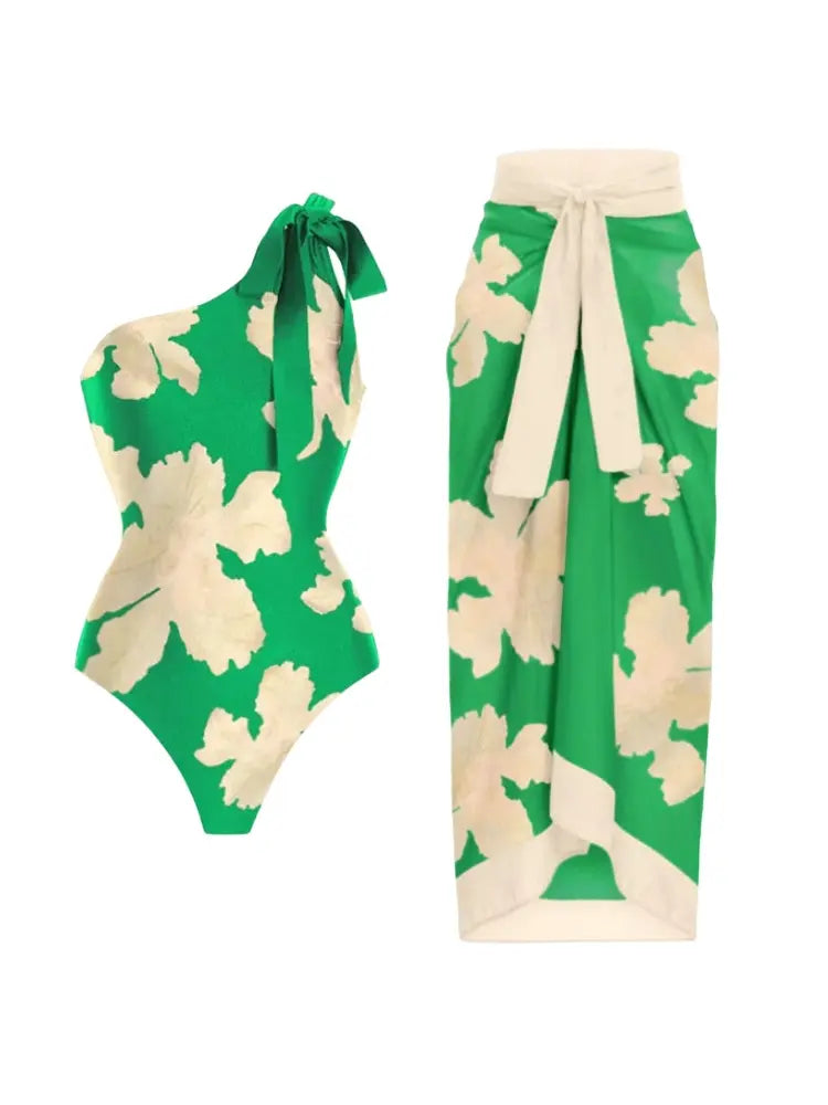 Belted Printed Swimsuits with Wrap Skirt Set