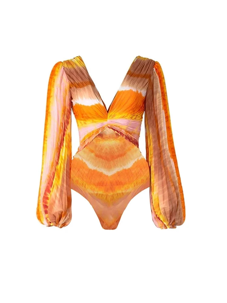 V-Neck Long Sleeve Printed Swimsuit Set