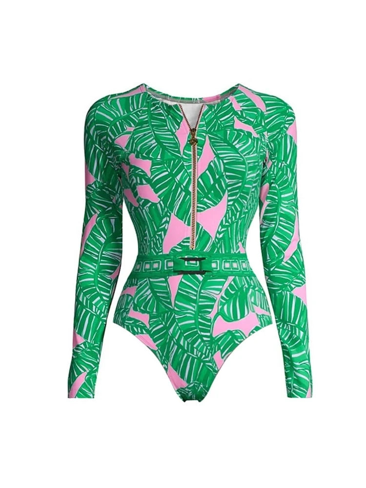 Green Zip-Up Floral Surf Set