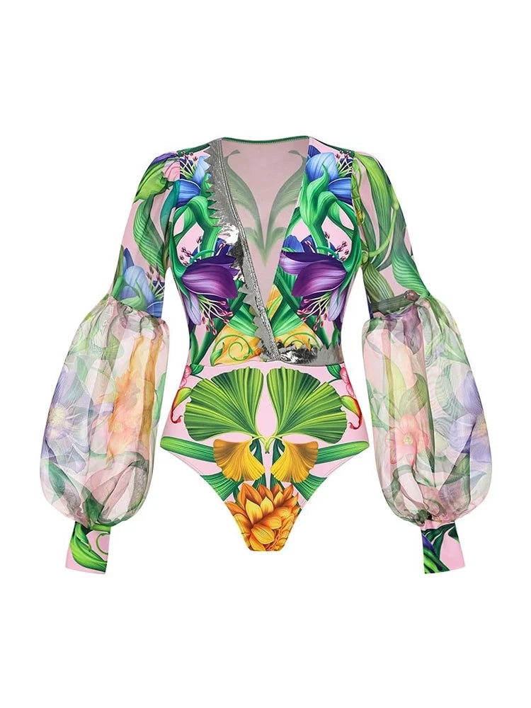 Deep V Lantern Sleeve Printed Swimsuit Set
