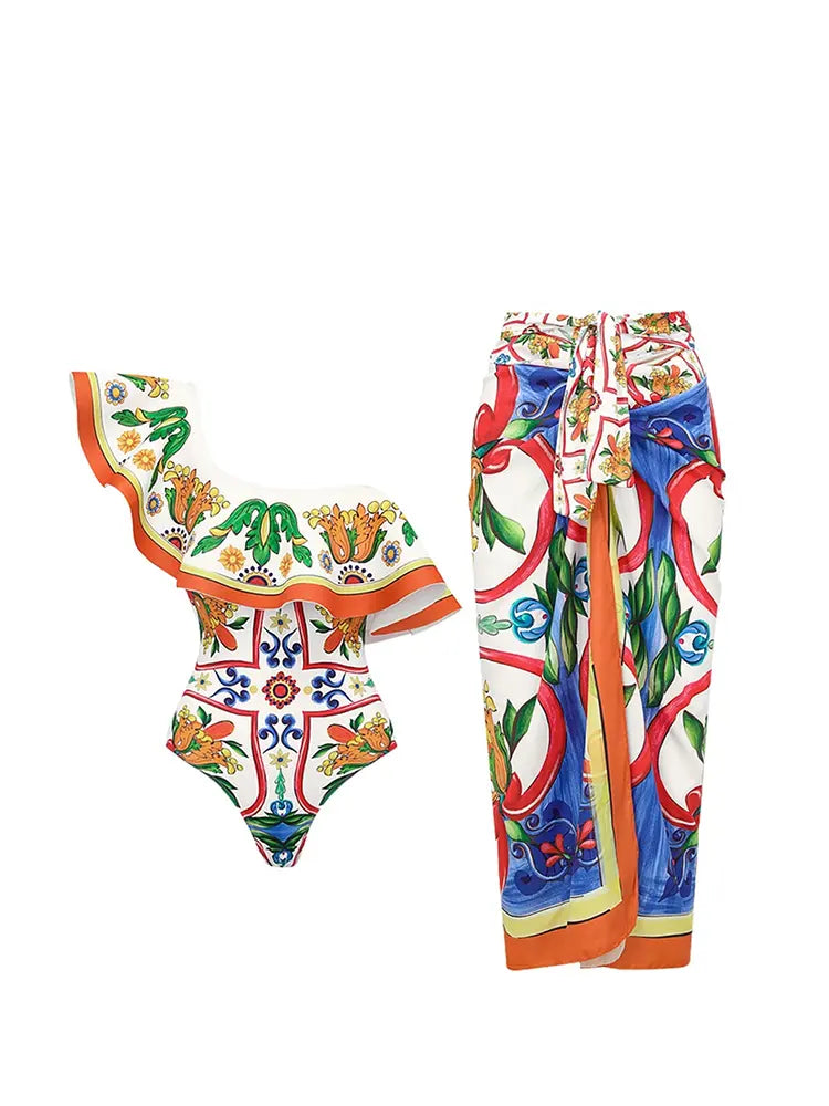 One Shoulder Enamel Print Swimsuit Set