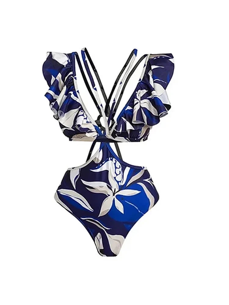 Off-Shoulder Tie-String Printed Cutout Monokini