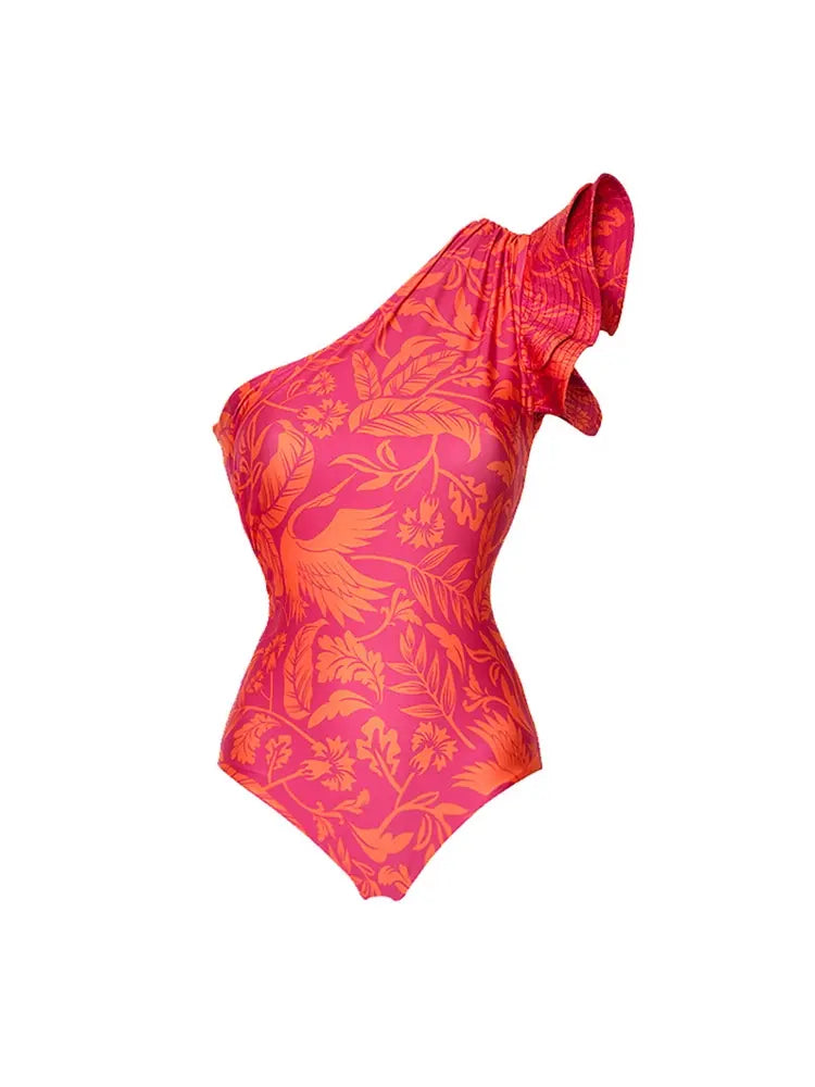 One Shoulder Ruffle Print One Piece Swimsuit Set