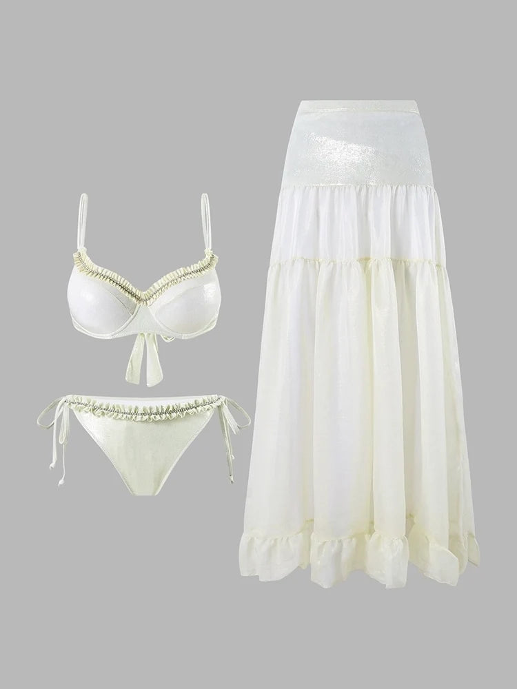 Ruched Tie-String Glossy White Bikini Set