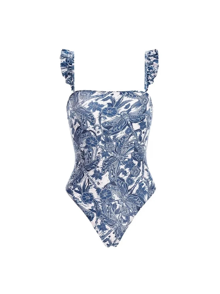 Blue Dragonfly Ruffle Skirt Swimsuit Set