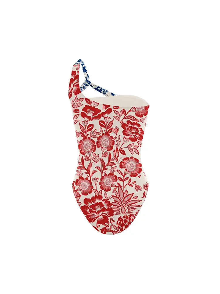 Red Blue Patchwork Ethnic Print Swimsuit