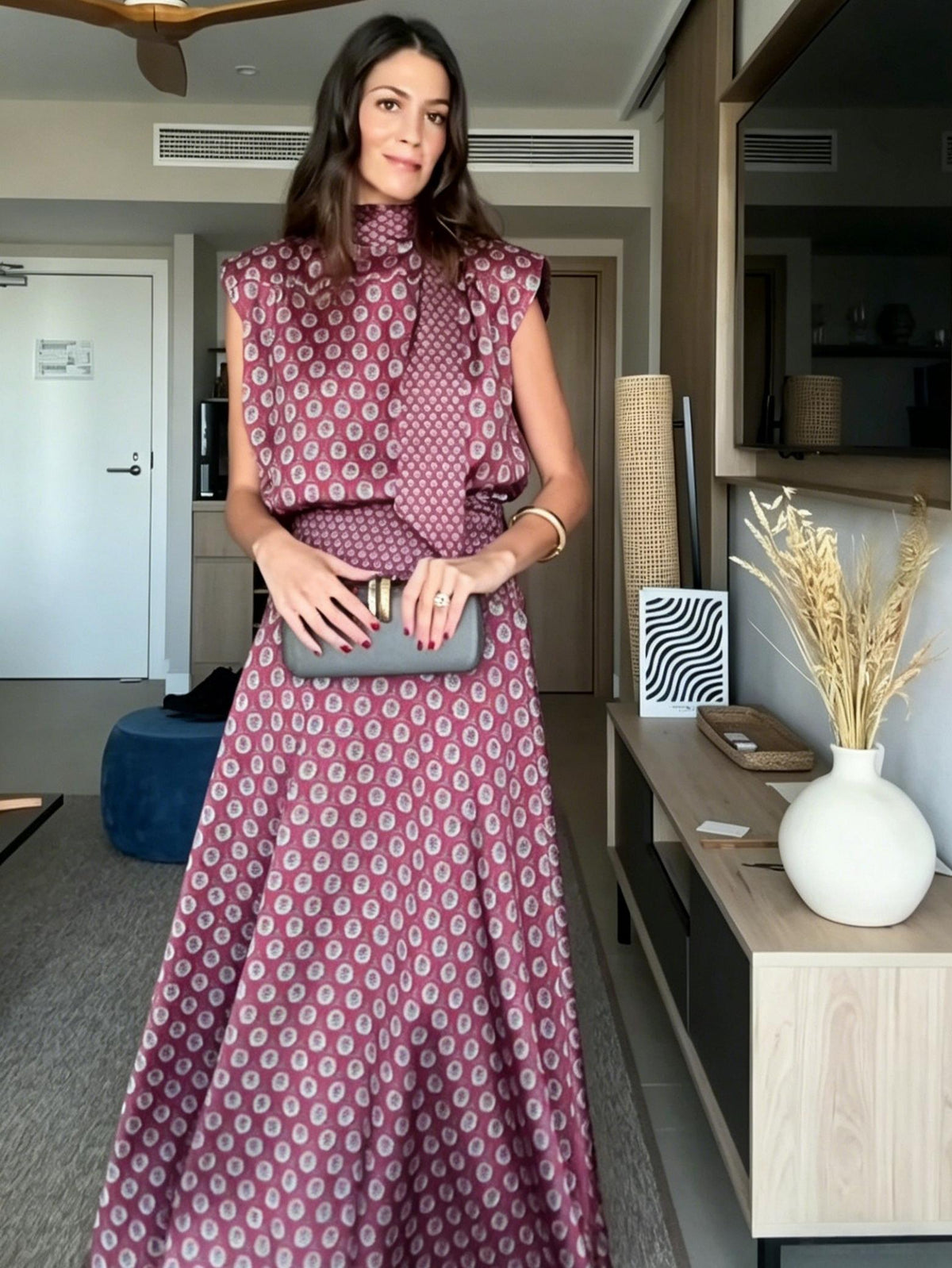 Retro Print Scarf Neck Top & Flowing Maxi Skirt Two-Piece Set
