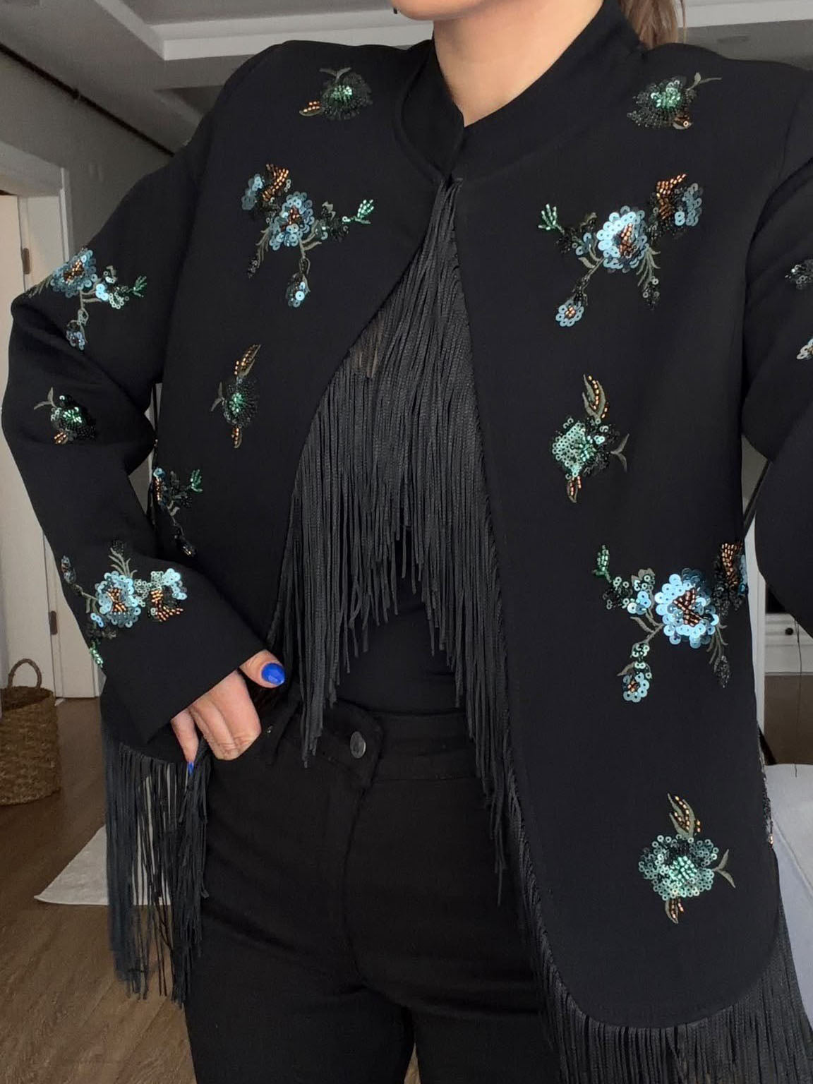 Sequin Floral Embroidery Fringe Jacket