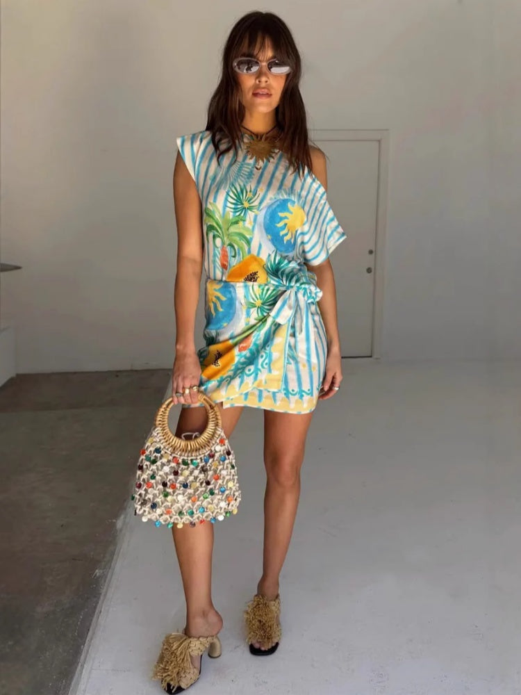 Temperament lace-up linen bodycon dress set
