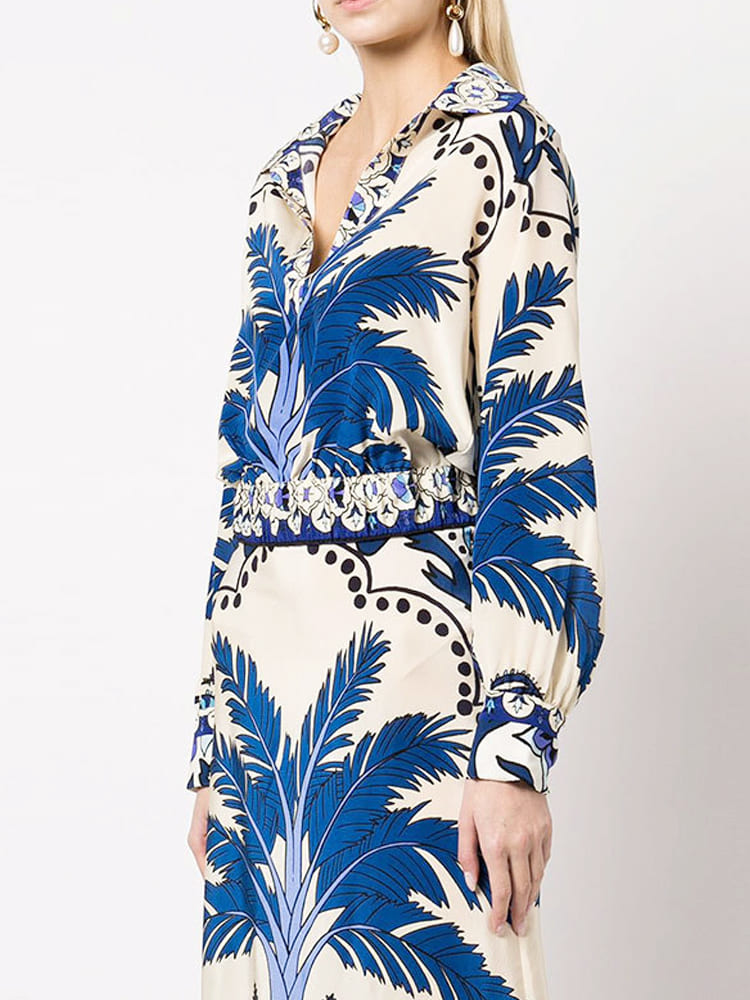 Fashion Printed V-Neck Long Sleeve Cropped Top and Skirt Set