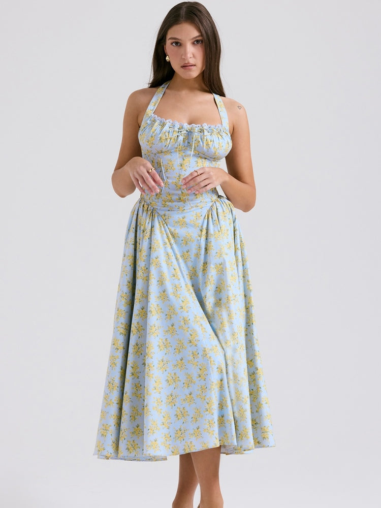 Soft Blue Vintage Floral Print Backless Tank Dress