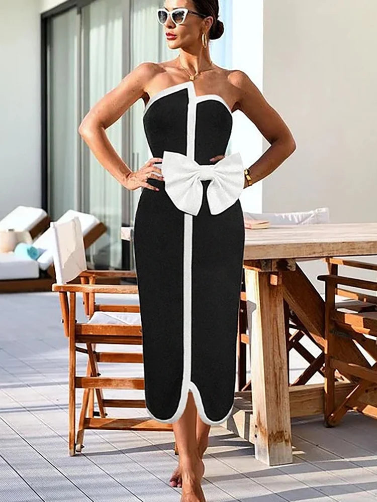 Strapless Colorblock Bow One-Piece Swimsuit
