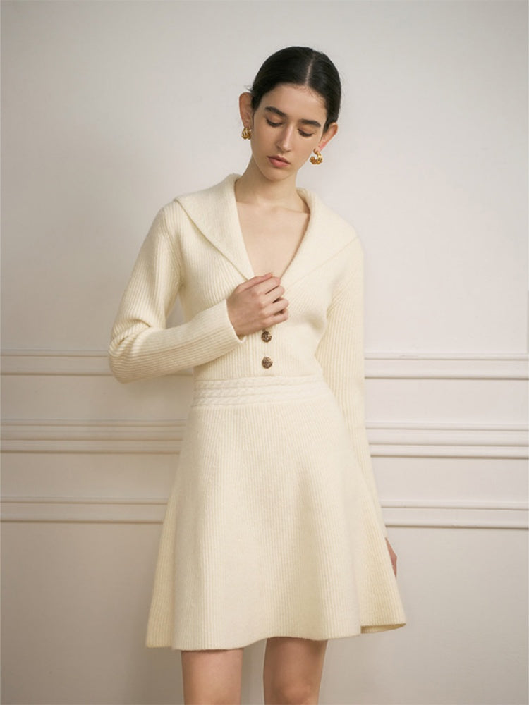 Parisian Style Lapel Knit Mini Dress