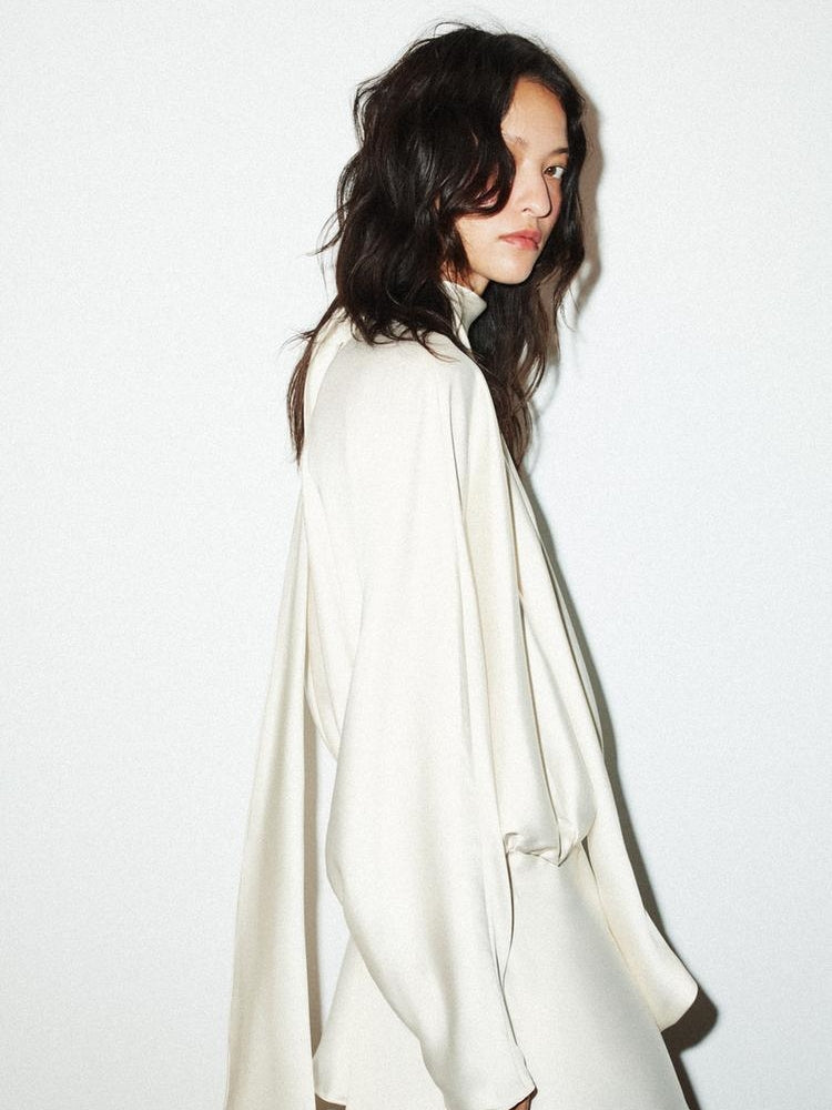 Beige Satin High-Neck Scarf-Back Mini Dress