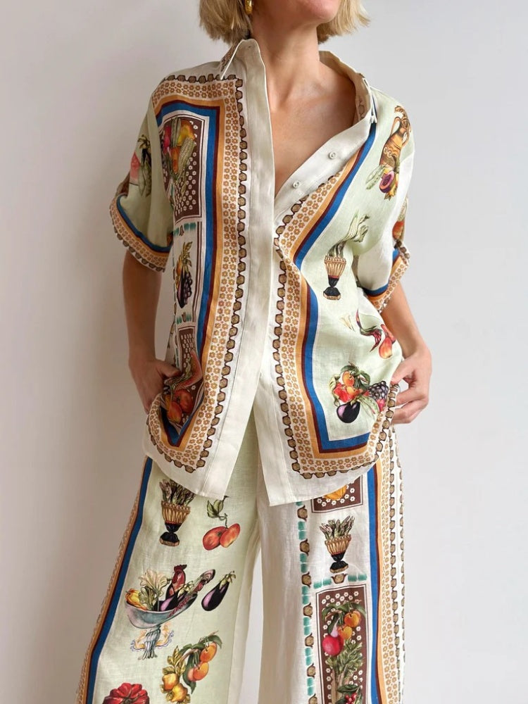 Linen Vacation Drawstring Long Pants Set