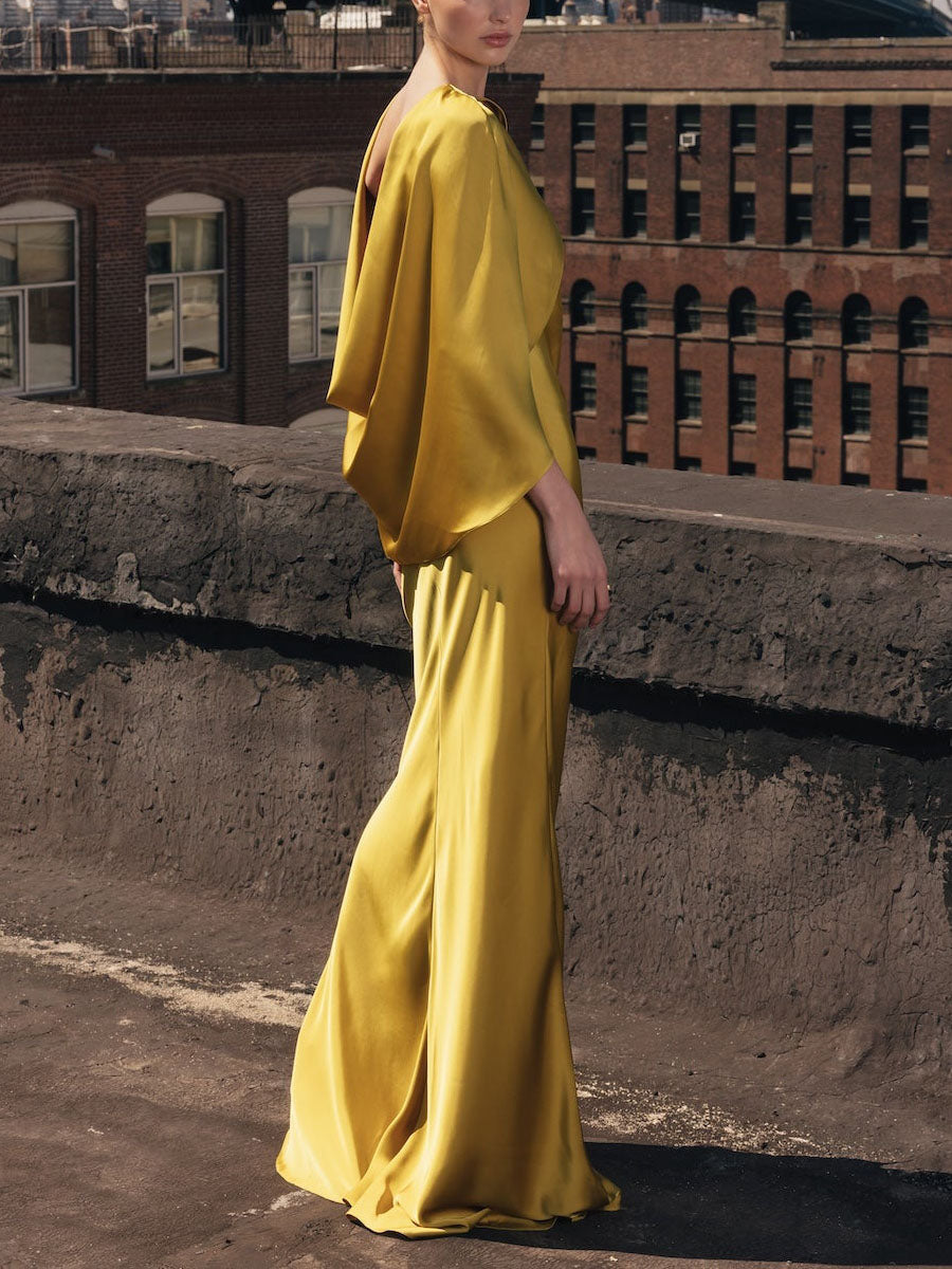 Olive Satin Cape Sleeve Cowl Back Maxi Dress
