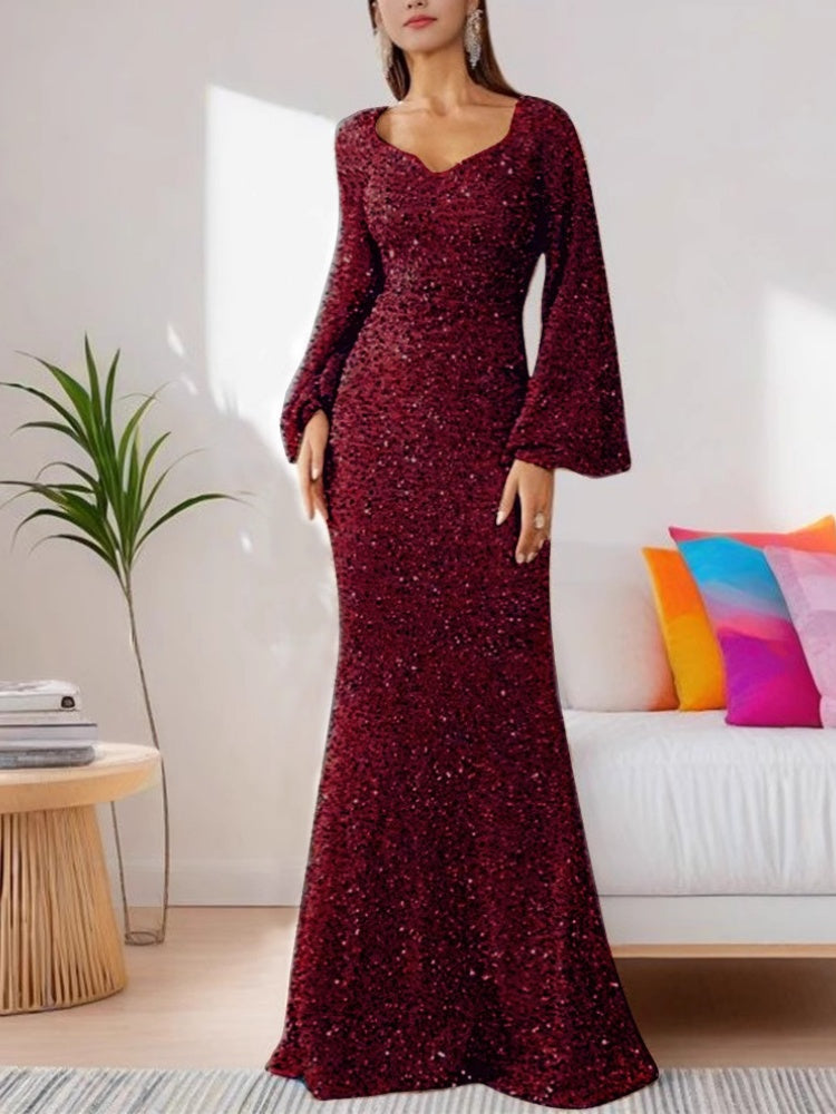 Sparkling Flare Sleeve Evening Gown