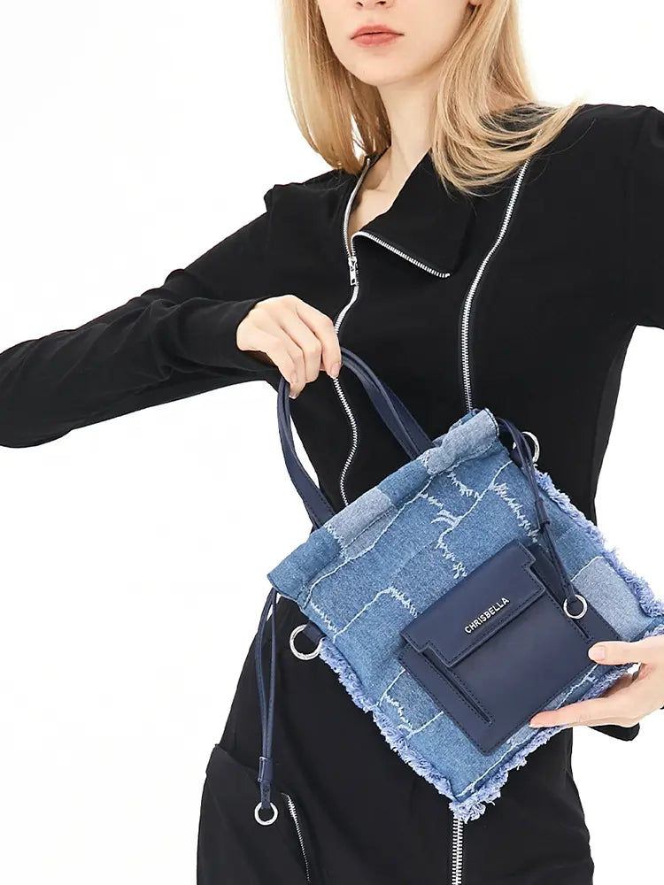 Denim Patchwork Lucky Bucket Crossbody Tote