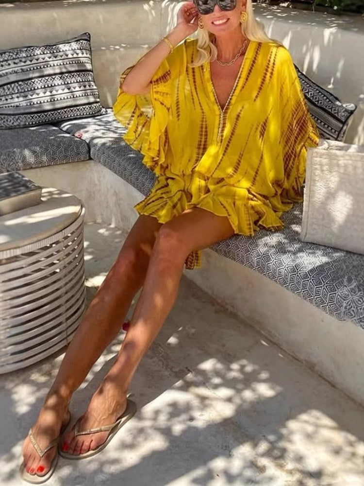 V-Neck Rhinestone Batwing Dress