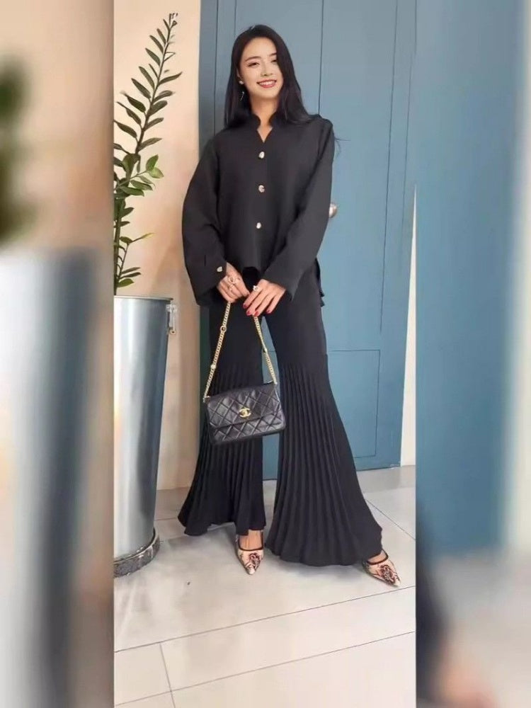 Pleated Shirt Flare Pants Set