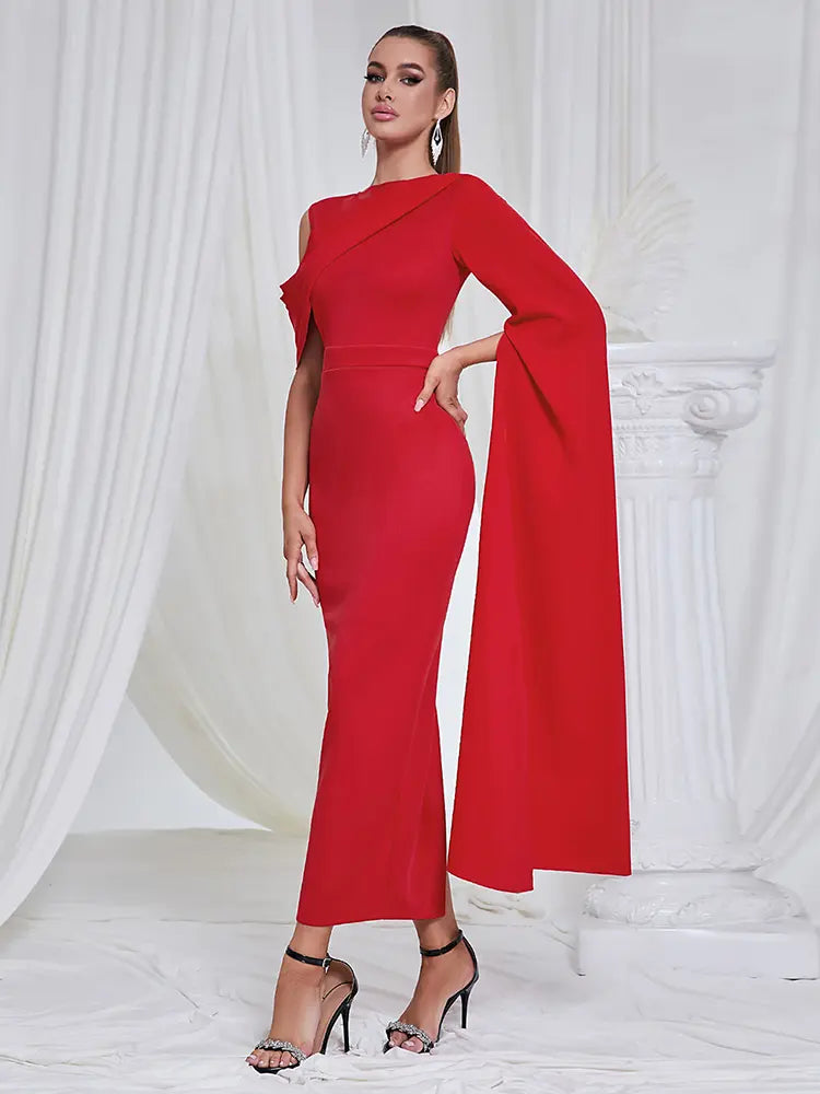Asymmetrical Shoulder Slit Evening Dress
