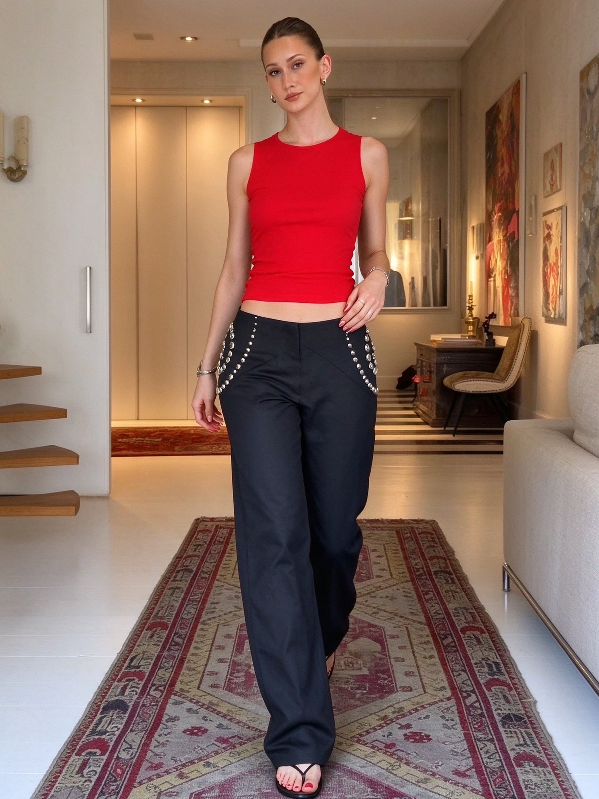 Low-Rise Studded Wide-Leg Pants