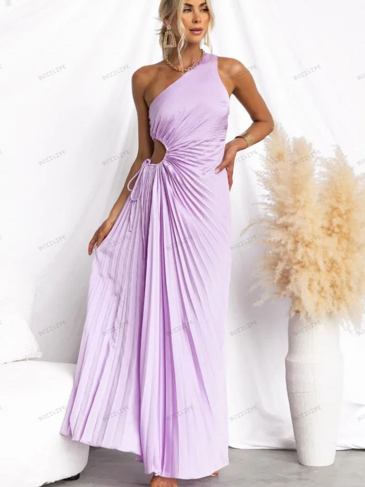 Pleated One-Shoulder Cut-Out Waist Gown
