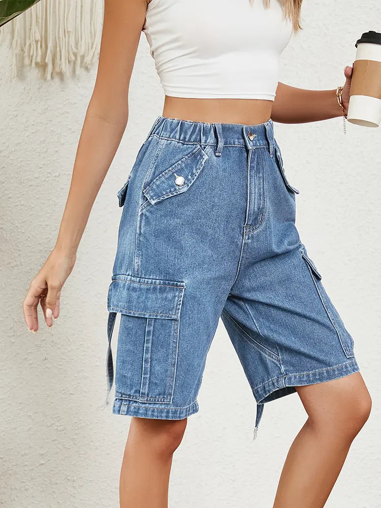 Washed Denim Cargo Shorts