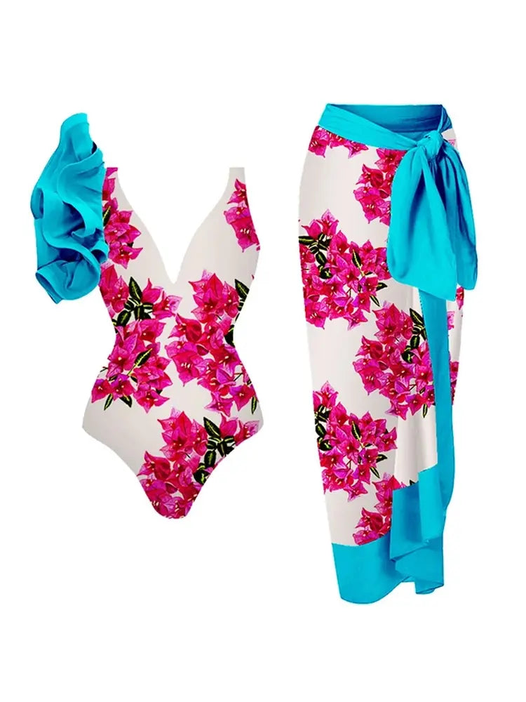 Floral Ruffle One Piece Swimwear Set
