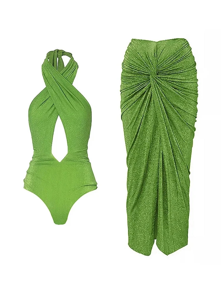 Sparkling Fabric Halter Neck Sexy Swimsuit Set