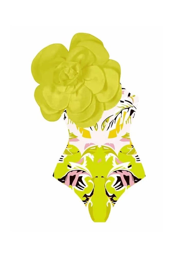 Floral Print One-Piece with 3D Yellow Flower