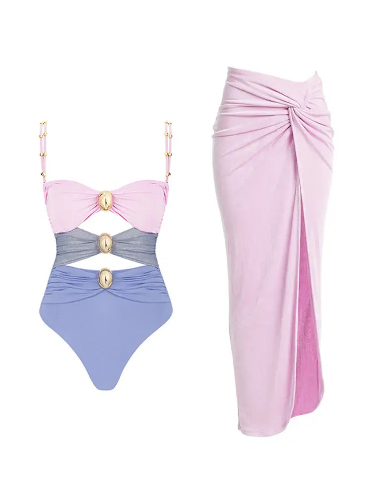 Morandi Pink Colorblock High-Waist Swimsuit Set