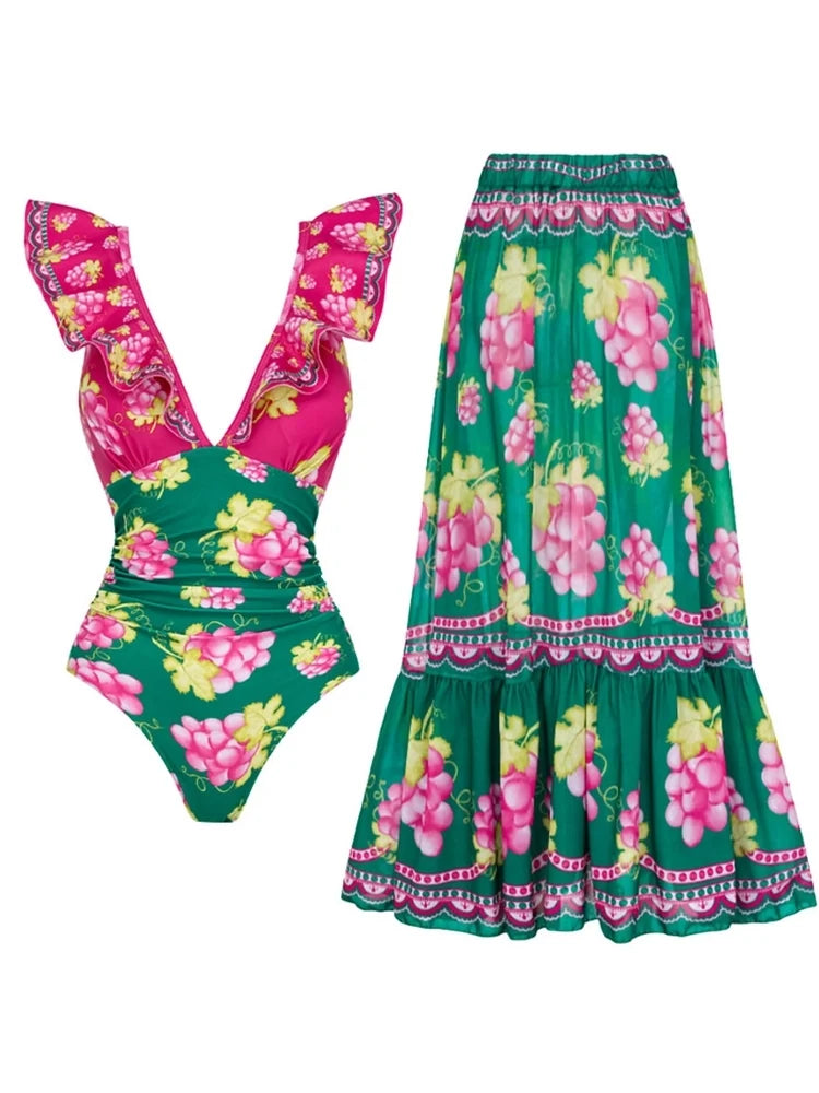 Ruffled Ruched One-Piece Maxi Skirt Set