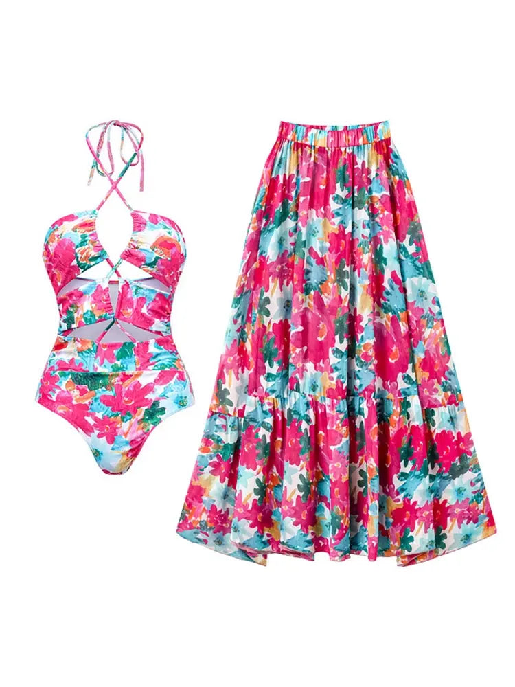 Print Cutout One Piece Swimsuit Set