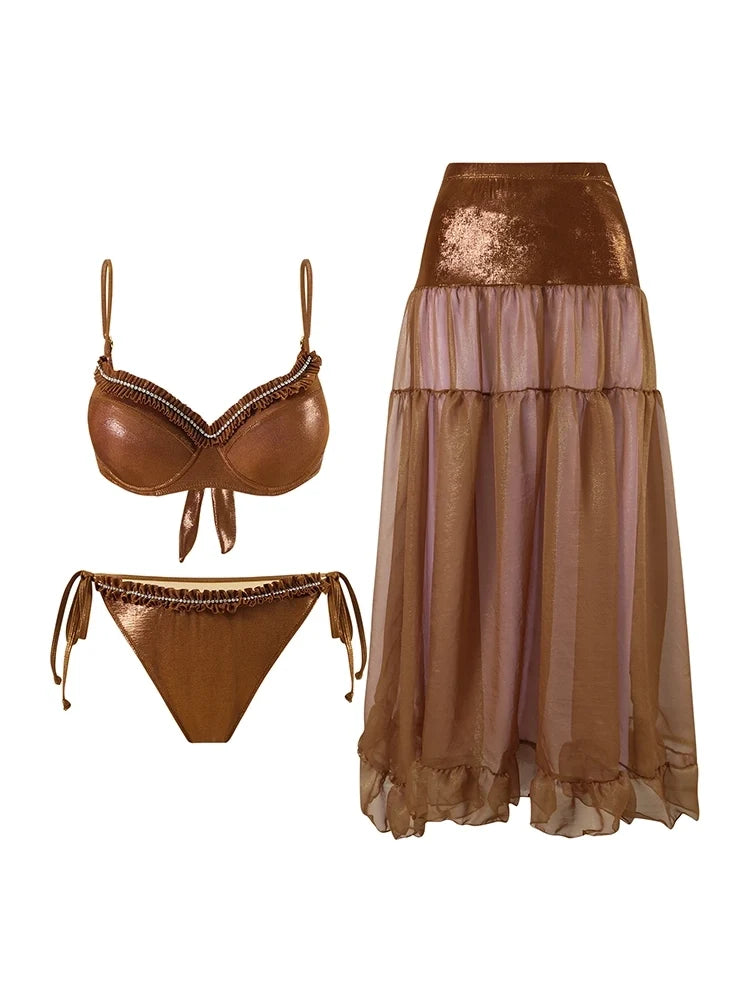 Ruched Tie Brown Glossy Bikini Set