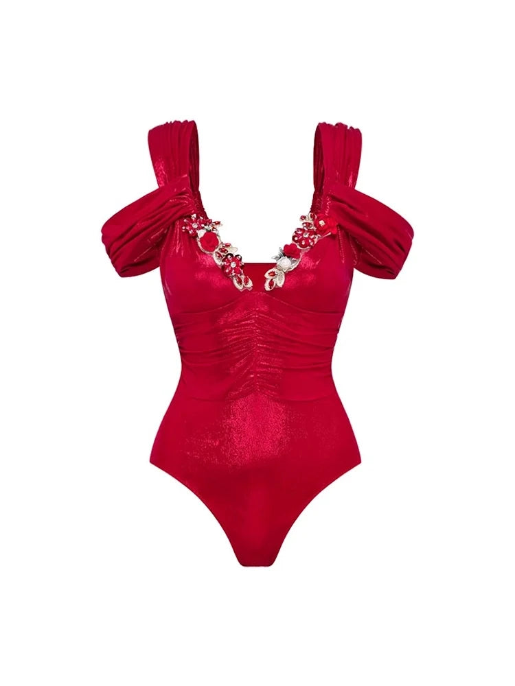 Red Glossy One-Piece with 3D Butterfly