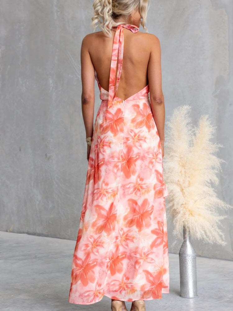 Floral V-Back Slit Halter Dress